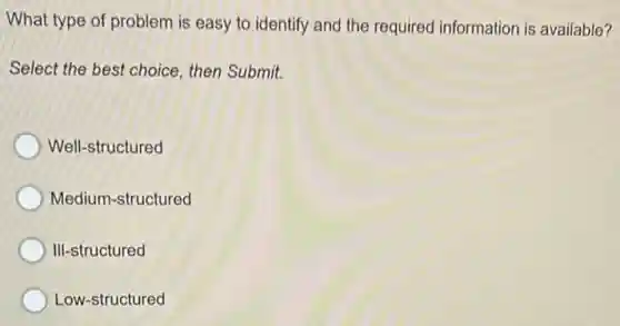 What type of problem is easy to identify and the required information is available?
Select the best choice then Submit.
Well-structured
Medium-structured
III-structured
Low-structured