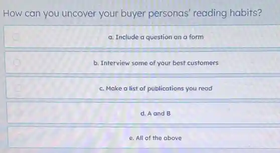 How can you uncover your buyer personas' reading habits?
a. Include a question on a form
b. Interview some of your best customers
c. Make a list of publications you read
d. A and B
e. All of the above