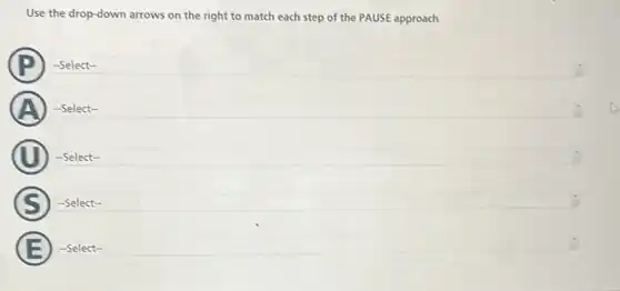 Use the drop-down arrows on the right to match each step of the PAUSE approach.
-Select
A -Select-
-Select-
-Select-
E -Select-