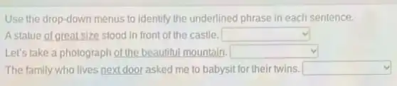Use the drop-down menus to identify the underlined phrase in each sentence.
Astatue of great size stood in front of the castle. square 
Let's take a photograph of the beautiful mountain. square 
The family who lives next door asked me to babysit for their twins square