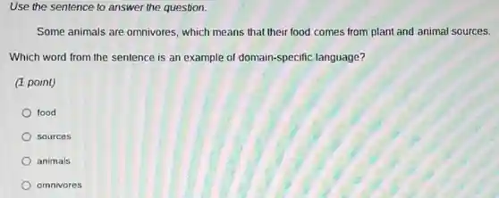 Use the sentence to answer the question.
Some animals are omnivores, which means that their food comes from plant and animal sources.
Which word from the sentence is an example of domain-specific language?
(1 point)
food
sources
animals
omnivores