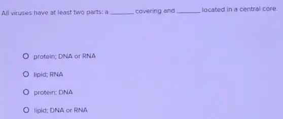 All viruses have at least two parts: a __ covering and __ located in a central core.
protein; DNA or RNA
lipid; RNA
protein; DNA
lipid; DNA or RNA