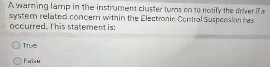 A warning lamp in the instrument cluster turns on to notify the driver if a
system related concern within the Electronic Control Suspension has
occurred. This statement is:
True
False
