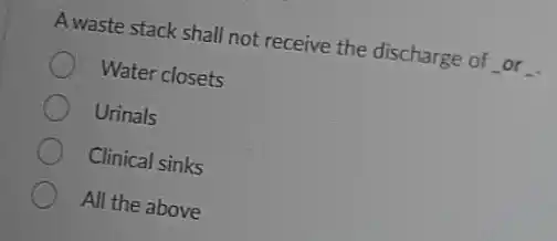 A waste stack shall not receive the discharge of or
Water closets
Urinals
Clinical sinks
All the above