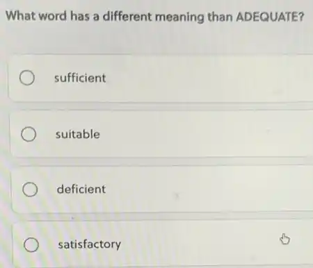 What word has a different meaning than ADEQUATE?
sufficient
suitable
deficient
satisfactory