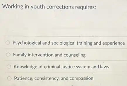 Working in youth corrections requires:
Psychological and sociological training and experience
Family intervention and counseling
Knowledge of criminal justice system and laws
Patience, consistency, and compassion