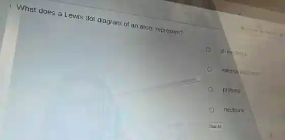 1. What does a Lewis dot diagram of an atom represent?
all electrons
valence electrons
protons
neutrons
