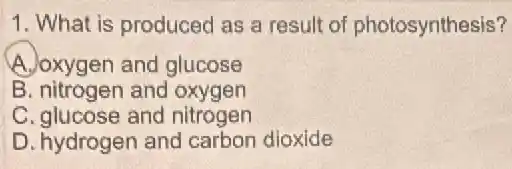 1. What is produced as a result of photosynthesis?
A.Joxygen and glucose
B. nitrogen and oxygen
C. glucose and nitrogen
D. hydrogen and carbon dioxide