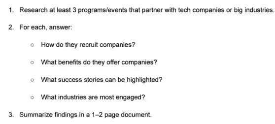 1. Research at least 3 programs/events that partner with tech companies or big industries.
2. For each, answer:
How do they recruit companies?
What benefits do they offer companies?
- What success stories can be highlighted?
What industries are most engaged?
3. Summarize findings in a 1-2 page document.
