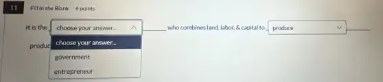 11
Fill in the Blank 6 points
It is the
square
disappointed
choose your answer... __ who combines land, labor.capital to square v
produc
choose your answer...
government