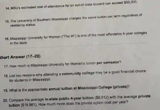 14. MSU's estimated cost of attendance for an out-of-state student can exceed
 50,000
15. The University of Southern Mississippi charges the same tuition per term regardless of
residency status.
16. Mississippi University for Women ("The
W''
is one of the most affordable 4-year colleges
in the state.
Short Answer (17-20)
17. How much is Mississippi University for Women's tuition per semester?
18. List two reasons why attending a community college may be a good financial choice
for students in Mississippi.
19. What is the approximate annual tultion at Mississippi College (private)?
20. Compare the average in-state public 4-year tuition
( 9,012) with the average private
tuition ( 18,861)
How much more does the private option cost per year?
