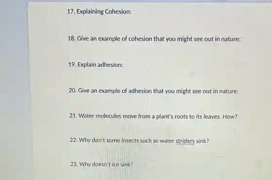 17. Explaining Cohesion:
18. Give an example of cohesion that you might see out in nature:
19. Explain adhesion:
20. Give an example of adhesion that you might see out in nature:
21. Water molecules move from a plant's roots to its leaves. How?
22. Why don't some insects such as water striders sink?
23. Why doesn't ice sink?