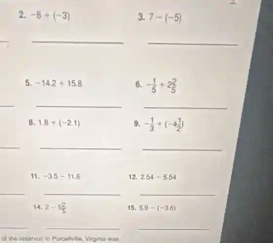 2. -8+(-3)
3. 7-(-5)
__
__
5. -14.2+15.8
6. -(1)/(5)+2(2)/(5)
__
__
__
3. 1.8+(-2.1)
9. -(1)/(3)+(-4(1)/(2))
__
__
__
11. -3.5-11.6
12. 2.54-5.54
__
__
__
14. 2-5(2)/(5)
15. 5.9-(-3.6)
__
__
__
of the reservoir in Purcellville, Virginia was