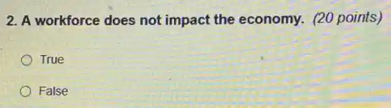 2. A workforce does not impact the economy. (20 points)
True
False