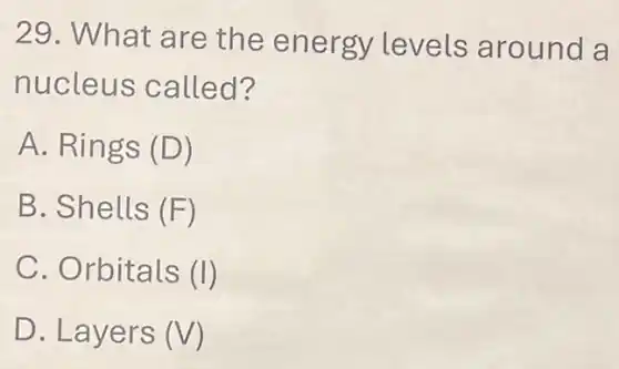 29. What are the energy levels around a
nucleus called?
A. Rings (D)
B. Shells (F)
C. Orbitals (I)
D. Layers (V)