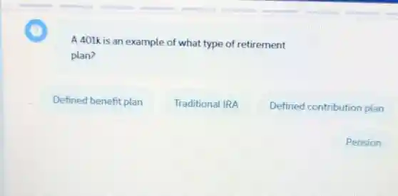 A 401k is an example of what type of retirement
plan?
Defined benefit plan
Traditional IRA
Defined contribution plan
Pension