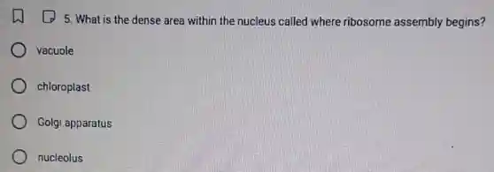 5. What is the dense area within the nucleus called where ribosome assembly begins?
vacuole
chloroplast
Golgi apparatus
nucleolus