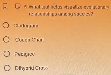 5. What tool helps visualize evolutionary
relationships among species?
Cladogram
Codon Chart
Pedigree
Dihybrid Cross
