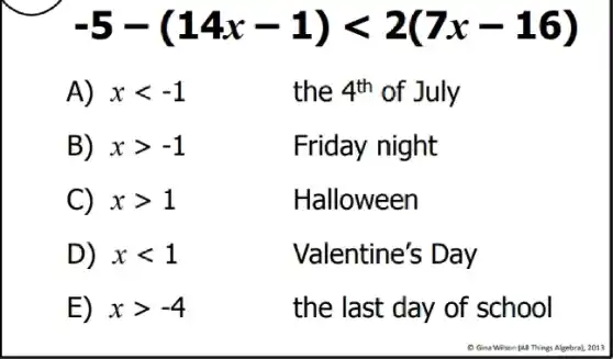 -5-(14x-1)lt 2(7x-16)
A) xlt -1
the 4^th of July
B) xgt -1
Friday night
C) xgt 1
Halloween
D) xlt 1
Valentine's Day
E) xgt -4	the last day of school