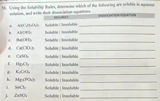 56. Using the Solubility Rules, determine which of the following are soluble in aqueous

 & SOLUBule? & DISSOCIATION EQUATION 
 a. & mathrm(Al)(mathrm(C)_(2) mathrm(H)_(3) mathrm(O)_(2))_(3) & Soluble | Insoluble 
 b. & mathrm(Al)(mathrm(OH))_(3) & Soluble | Insoluble 
 c. & mathrm(Ba)(mathrm(OH))_(2) & Soluble | Insoluble 
 d. & mathrm(Ca)(mathrm(ClO)_(3))_(2) & Soluble | Insoluble 
 e. & mathrm(CaSO)_(4) & Soluble | Insoluble 
 f. & mathrm(Hg)_(2) mathrm(Cl)_(2) & Soluble | Insoluble 
 g. & mathrm(K)_(2) mathrm(CrO)_(4) & Soluble | Insoluble 
 h. & mathrm(Mg)_(3)(mathrm(PO)_(4))_(2) & Soluble | Insoluble 
 i. & mathrm(SnCl)_(2) & Soluble | Insoluble 
 j. & mathrm(ZnSO)_(4) & Soluble | Insoluble