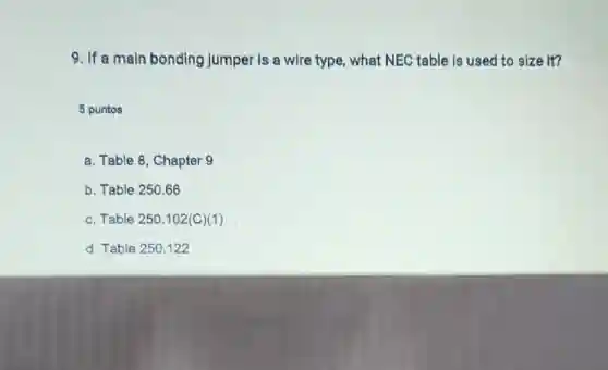9. If a main bonding jumper is a wire type, what NEC table is used to size it?
5 puntos
a. Table 8, Chapter 9
b. Table 250.66
c. Table 250.102(C)(1)
d. Table 250.122