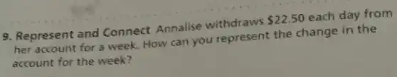 9. Represent and Connect Annalise withdraws 22.50 each day from
her account for a week. How can you represent the change in the
account for the week?