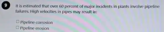 9
It is estimated that over 60 percent of major incidents in plants involve pipeline
failures. High velocities in pipes may result in:
Pipeline corrosion
Pipeline erosion