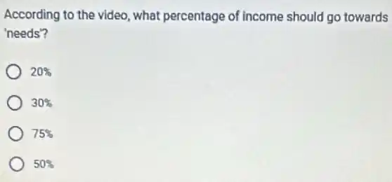 According to the video what percentage of income should go towards
'needs?
20% 
30% 
75% 
50%