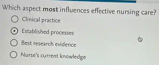 Which aspect most influences effective nursing care?
Clinical practice
Established processes
Best research evidence
Nurse's current knowledge
