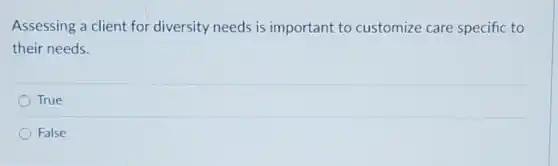 Assessing a client for diversity needs is important to customize care specific to
their needs.
True
False