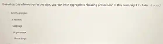 Based on the information in the sign, you can infer appropriate "hearing protection" in this area might include: (1 point)
Safety goggles
A helmet
Earplugs
A gas mask
Nose plugs