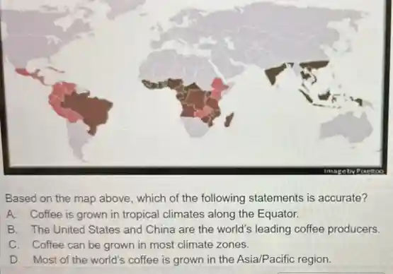 Based on the map above, which of the following statements is accurate?
A. Coffee is grown in tropical climates along the Equator.
B. The United States and China are the world's leading coffee producers.
C. Coffee can be grown in most climate zones.
D. Most of the world's coffee is grown in the Asia/Pacific region.
