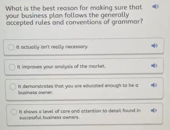 What is the best reason for making sure that
your business plan follows the generally
accepted rules and conventions of grammar?
It actually isn't really necessary.
It improves your analysis of the market.
It demonstrates' that you are educated enough to be a
business owner.
It shows a level of care and attention to detail found in 4)
successful business owners.