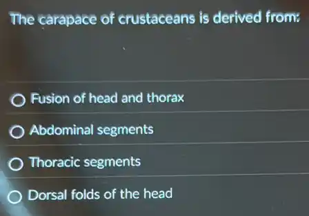 The carapace of crustaceans is derived from:
Fusion of head and thorax
Abdominal segments
Thoracic segments
Dorsal folds of the head