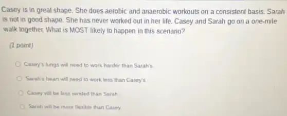Casey is in great shape. She does aerobic and anaerobic workouts on a consistent basis. Sarah
is not in good shape . She has never worked out in her life Casey and Sarah go on a one-mile
walk together. What is MOST likely to happen in this scenario?
(1 point)
Casey's lungs will need to work harder than Sarah's
Sarah's heart will need to work less than Casey's
Casey will be less winded than Sarah
Sarah will be more flexible than Casey