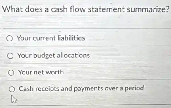 What does a cash flow statement summarize?
Your current liabilities
Your budget allocations
Your net worth
Cash receipts and payments over a period