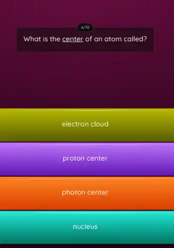 What is the center of an atom called?
electron cloud
proton center
photon center
nucleus