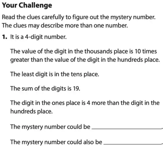 Your Challenge
Read the clues carefully to figure out the mystery number.
The clues may describe more than one number.
1. It is a 4-digit number.
The value of the digit in the thousands place is 10 times
greater than the value of the digit in the hundreds place.
The least digit is in the tens place.
The sum of the digits is 19.
The digit in the ones place is 4 more than the digit in the
hundreds place.
The mystery number could be __
The mystery number could also be __