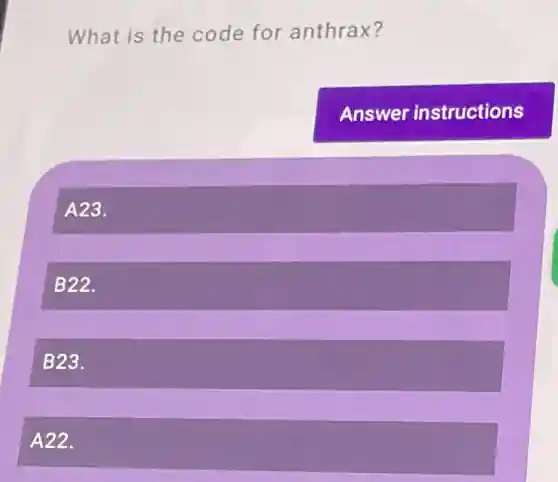 What is the code for anthrax?
Answer instructions
A23.
B22.
B23.
A22.