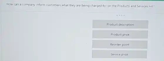 How can a company inform customers what they are being charged for on the Products and Services list?
Product description
Product price
Reorder point
Service price