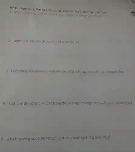 After comparing the two accounts, answer the following questions
1 Which financial institution did you research savings accounts?
2 Name the savings account you researched?
3 List one pro and one con from the first savings account you researched
4 List one pro and one con from the second savings account you researched
5 Which saving account would you consider opening and why?