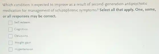 Which condition is expected to improve as a result of second -generation antipsychotic
medication for management of schizophrenic symptoms? Select all that apply. One, some,
or all responses may be correct.
Self-esteem
Cognition
Delusions
Weight gain
Hypertension