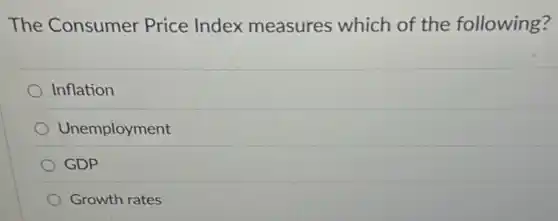 The Consumer Price Index measures which of the following?
Inflation
Unemployment
GDP
Growth rates