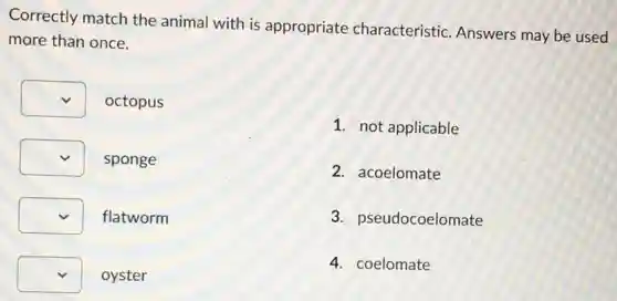 Correctly match the animal with is appropriate characteristic. Answers may be used
more than once.
square octopus
square sponge
square flatworm
square oyster
1. not applicable
2. acoelomate
3. pseudocoelomate
4. coelomate