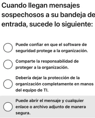 Cuando llegan mensajes
sospechoso s a su bandeja de
entrada , sucede lo siguiente:
Puede confiar en que el software de
seguridad protege a la organización.
Comparte la responsabilidad de
proteger a la organización.
Debería dejar la protección de la
organización completamente en manos
del equipo de TI.
Puede abrir el mensaje y cualquier