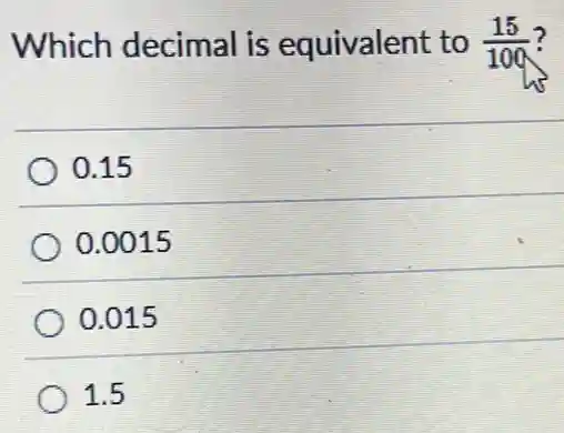 Which decimal is equivalent to (15)/(100)
0.15
0.0015
0.015
1.5