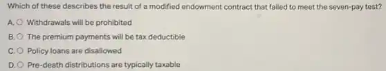Which of these describes the result of a modified endowment contract that failed to meet the seven-pay test?
A. Withdrawals will be prohibited
B. The premium payments will be tax deductible
C. Policy loans are disallowed
D. Pre-death distributions are typically taxable