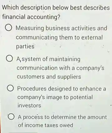 Which description below best describes
financial accounting?
Measuring business activities and
communicating them to external
parties
A.system of maintaining
communication with a company's
customers and suppliers
Procedures designed to enhance a
company's image to potential
investors
A process to determine the amount
of income taxes owed