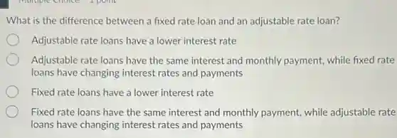 What is the difference between a fixed rate loan and an adjustable rate loan?
Adjustable rate loans have a lower interest rate
Adjustable rate loans have the same interest and monthly payment, while fixed rate
loans have changing interest rates and payments
Fixed rate loans have a lower interest rate
Fixed rate loans have the same interest and monthly payment, while adjustable rate
loans have changing interest rates and payments