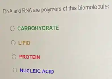 DNA and RNA are polymers of this biomolecule:
CARBOHYDRATE
LIPID
PROTEIN
NUCLEIC ACID